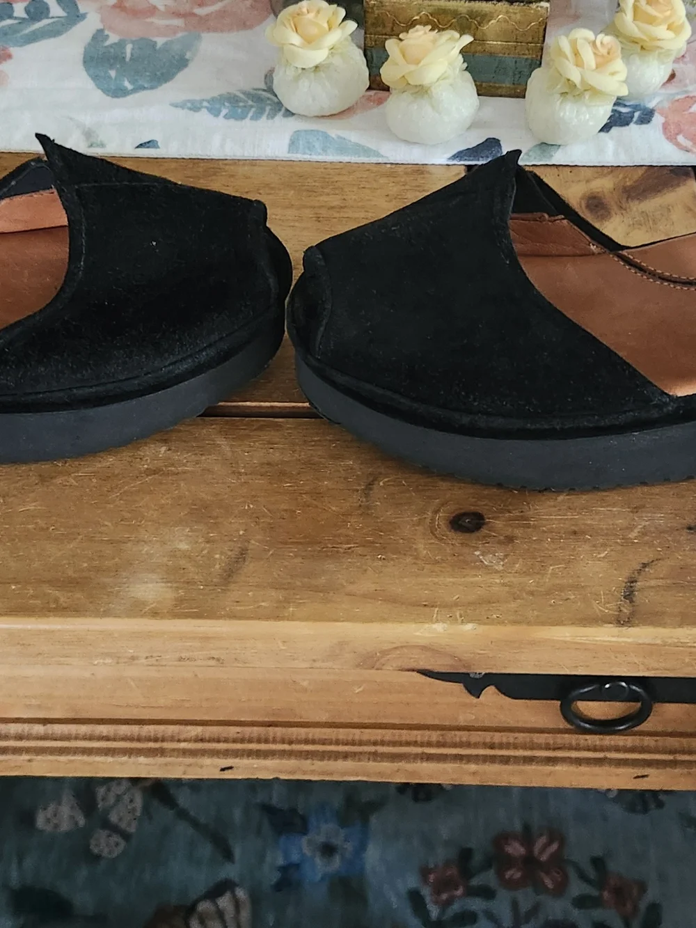 Women's Black Suede Peep-Toe Wedge Sandals with Ankle Strap